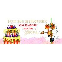 Carte Ze souris folie's - Pour ton anniversaire, voici la cerise sur le gâteau... - Carte double 11x26 cm